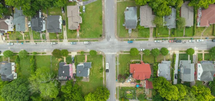 Aerial view of a neighborhood of single-family homes