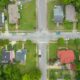 Aerial view of a neighborhood of single-family homes
